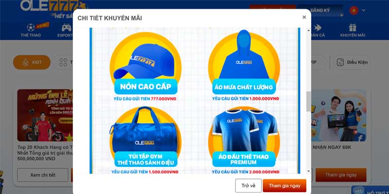Tiền thưởng khuyến mãi sẽ nhận theo mức thưởng